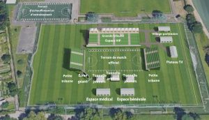Modell der Anlage in der Aufsicht mit Stadion und benachbarten Trainingsfeld
